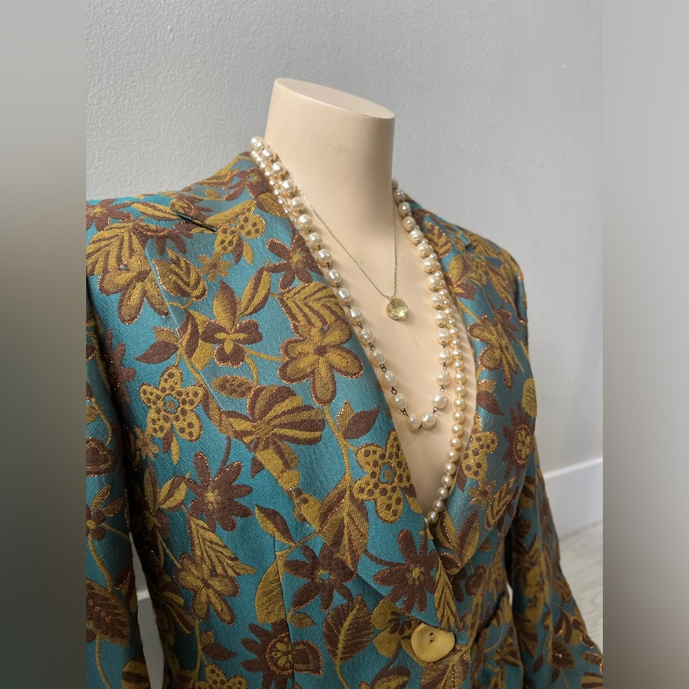 Floral Embroidered Teal Blazer with button closure by Jean Costa made in France - Picture 2 of 10